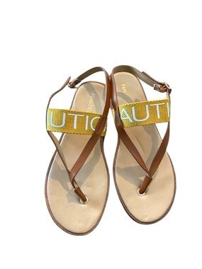 Nautica Yellow Canvas and Brown leather Strap Thong Sandals 7.5